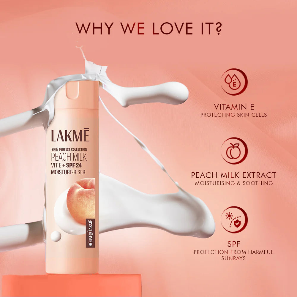 Lakme Peach Milk product with benefits on a peach background