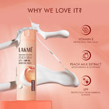 Lakme Peach Milk product with benefits on a peach background