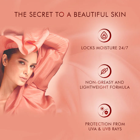 Woman with pink hair and clothing against a pink background with text about skincare benefits.