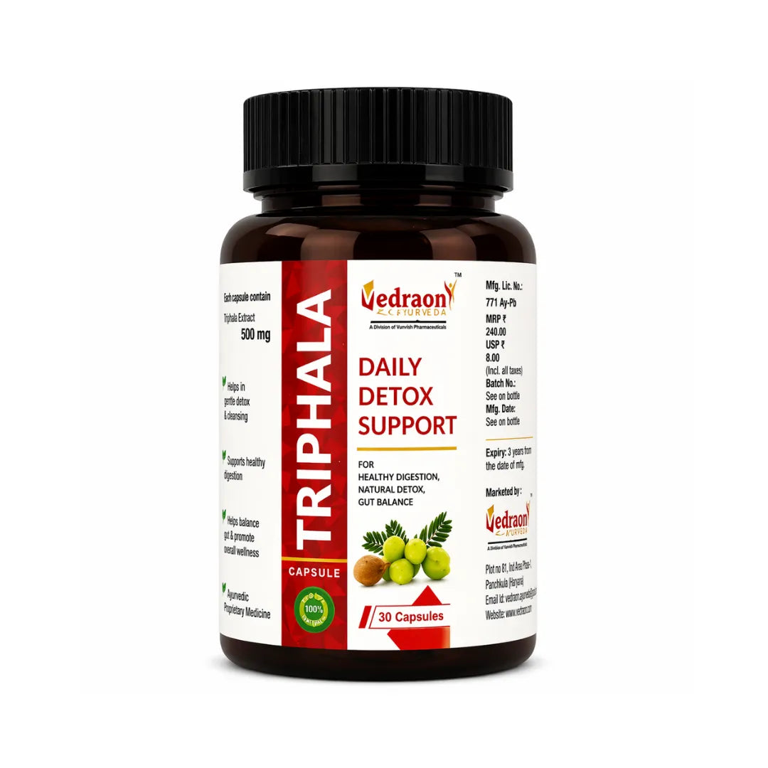 Vedraon Triphala Daily Detox Support supplement bottle on a white background