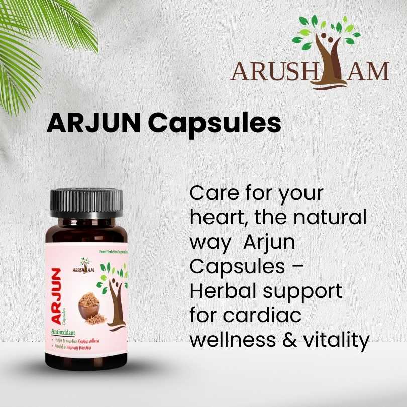 ARJUN Capsules bottle with branding and product description on a light background