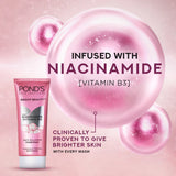 Ponds Bright Beauty face wash tube with pink bubbles and text on a pink background