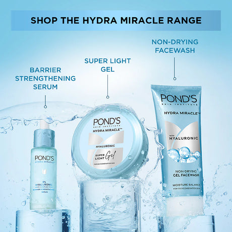 Ponds Hydra Miracle skincare products with text on a blue water background