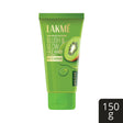 Green tube of Lakme face wash with kiwi slice on a white background