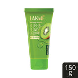 Green tube of Lakme face wash with kiwi slice on a white background
