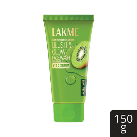 Green tube of Lakme face wash with kiwi slice on a white background