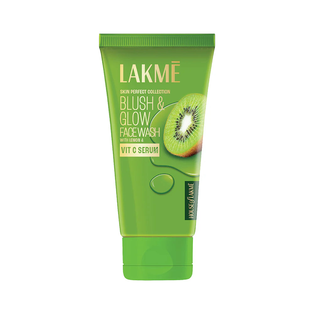 Lakme Blush & Glow Face Wash tube with kiwi fruit on a white background