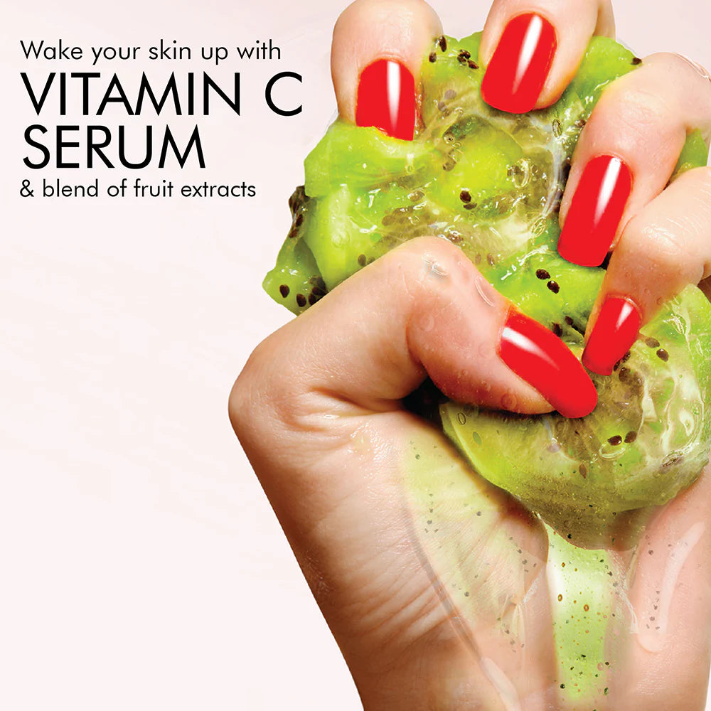 Hand holding a kiwi fruit with text about vitamin C serum and fruit extracts on a white background