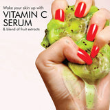 Hand holding a kiwi fruit with text about vitamin C serum and fruit extracts on a white background