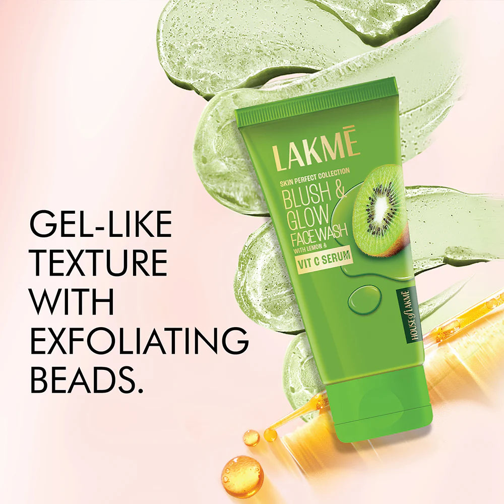 Lakme face wash tube with kiwi illustration on a light pink background