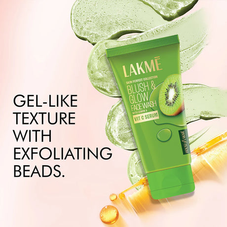 Lakme face wash tube with kiwi illustration on a light pink background