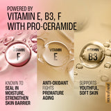 Advertisement for skincare product with vitamins E, B3, and F and pro-ceramide.