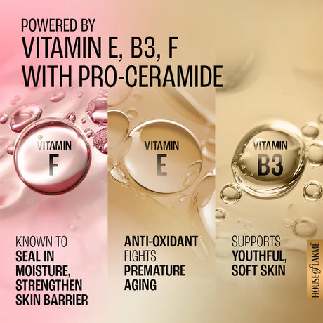 Advertisement for skincare product with vitamins E, B3, and F and pro-ceramide.