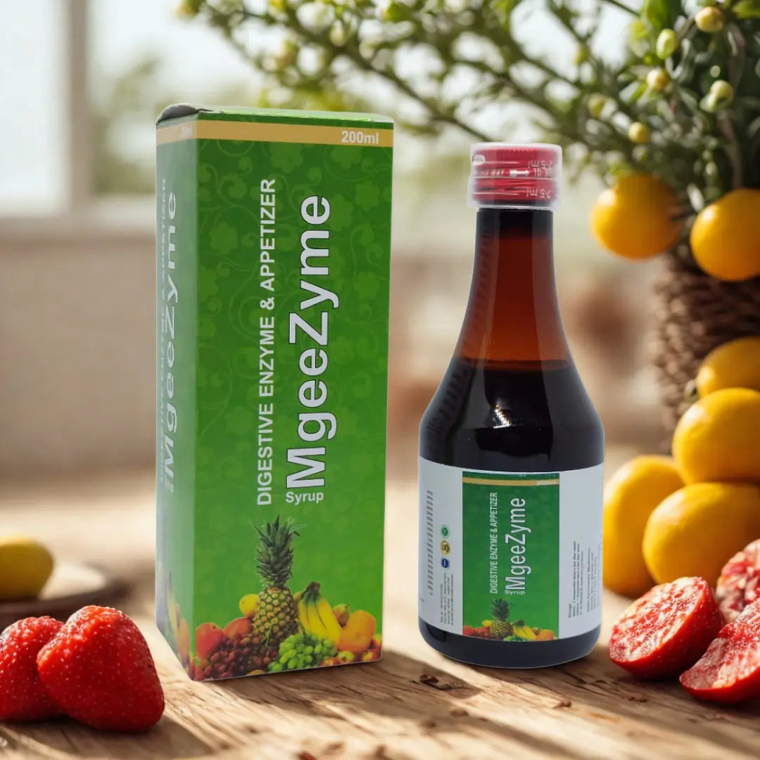 MgeeZyme digestive enzyme syrup bottle and packaging on a wooden surface with fruits in the background