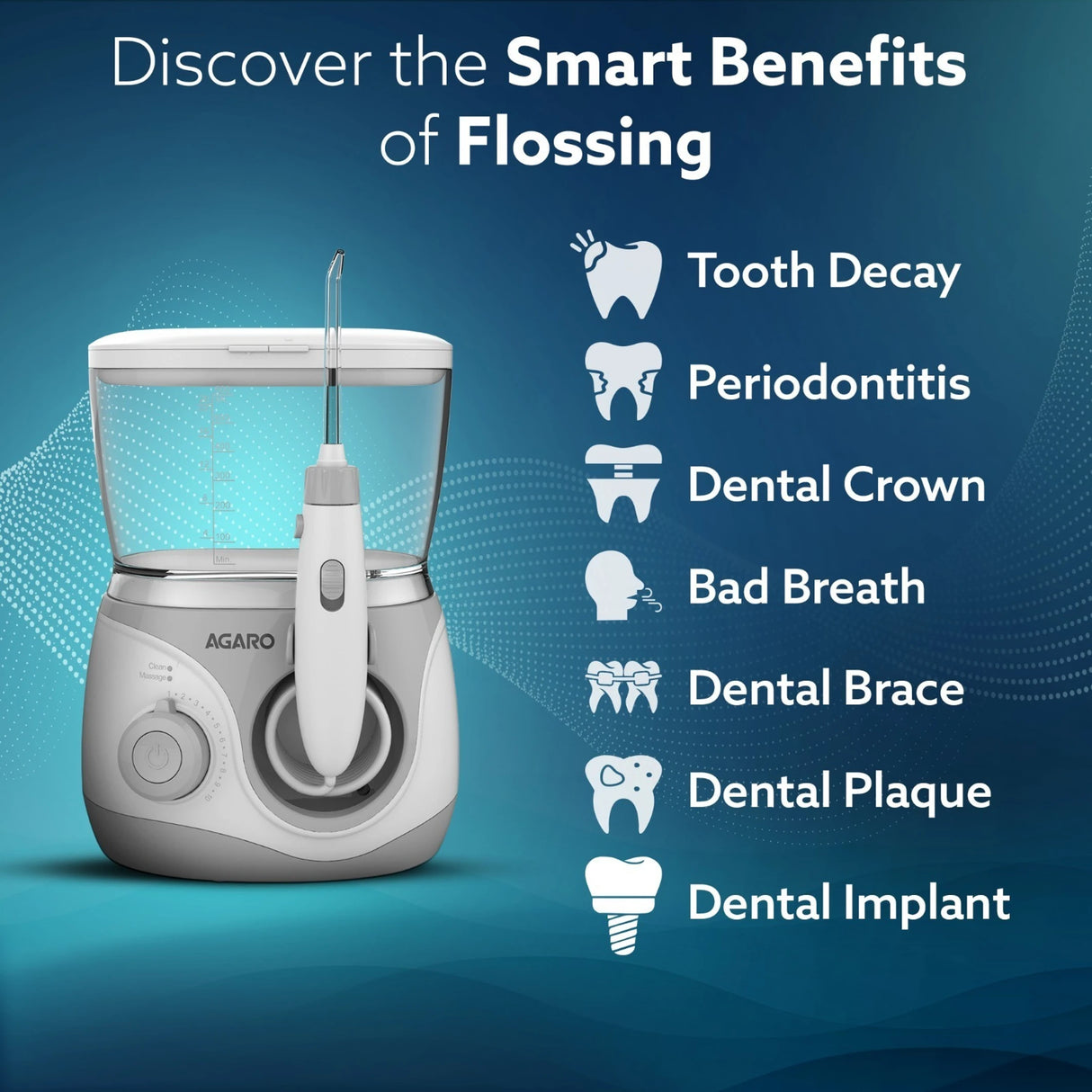 Dental water flosser with benefits listed on a blue background