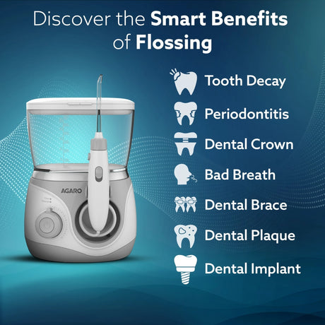 Dental water flosser with benefits listed on a blue background