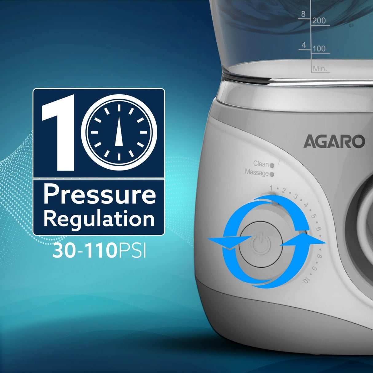 Blender with Agaro branding and pressure regulation feature on a blue background