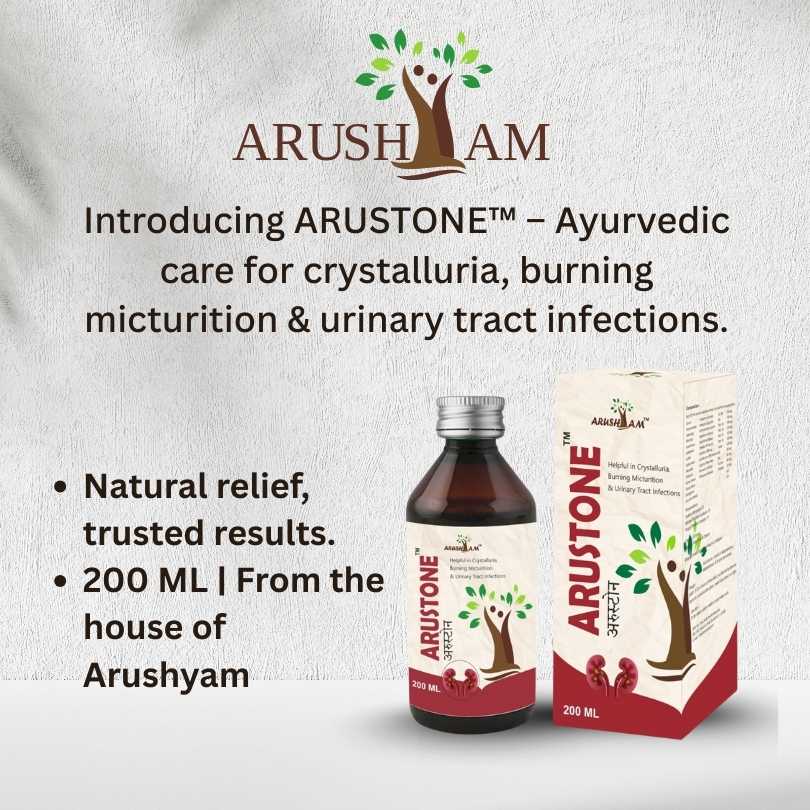 Arusham Arustone Ayurvedic product packaging with bottle and box on a light gray background