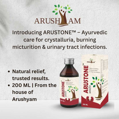 Arusham Arustone Ayurvedic product packaging with bottle and box on a light gray background
