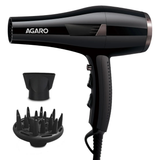 Black hair dryer with attachments on a white background, featuring the Agaro brand.