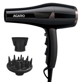 Black hair dryer with attachments on a white background, featuring the Agaro brand.