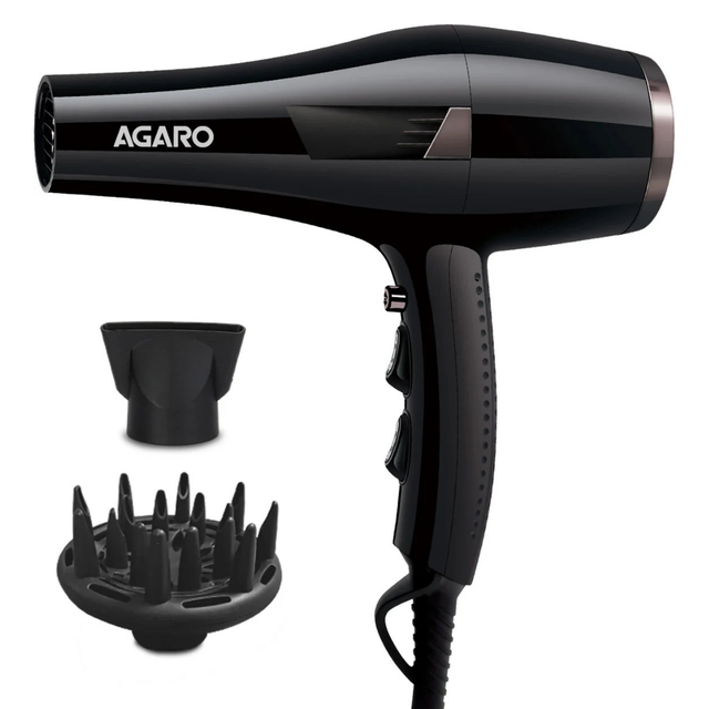 Black hair dryer with attachments on a white background, featuring the Agaro brand.