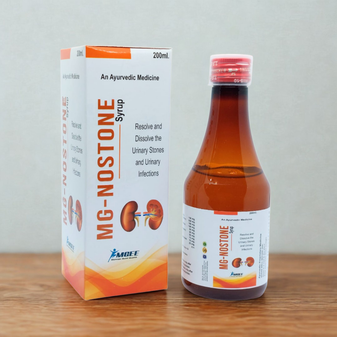 MG NOSTONE syrup bottle and packaging on a wooden surface with a gray background