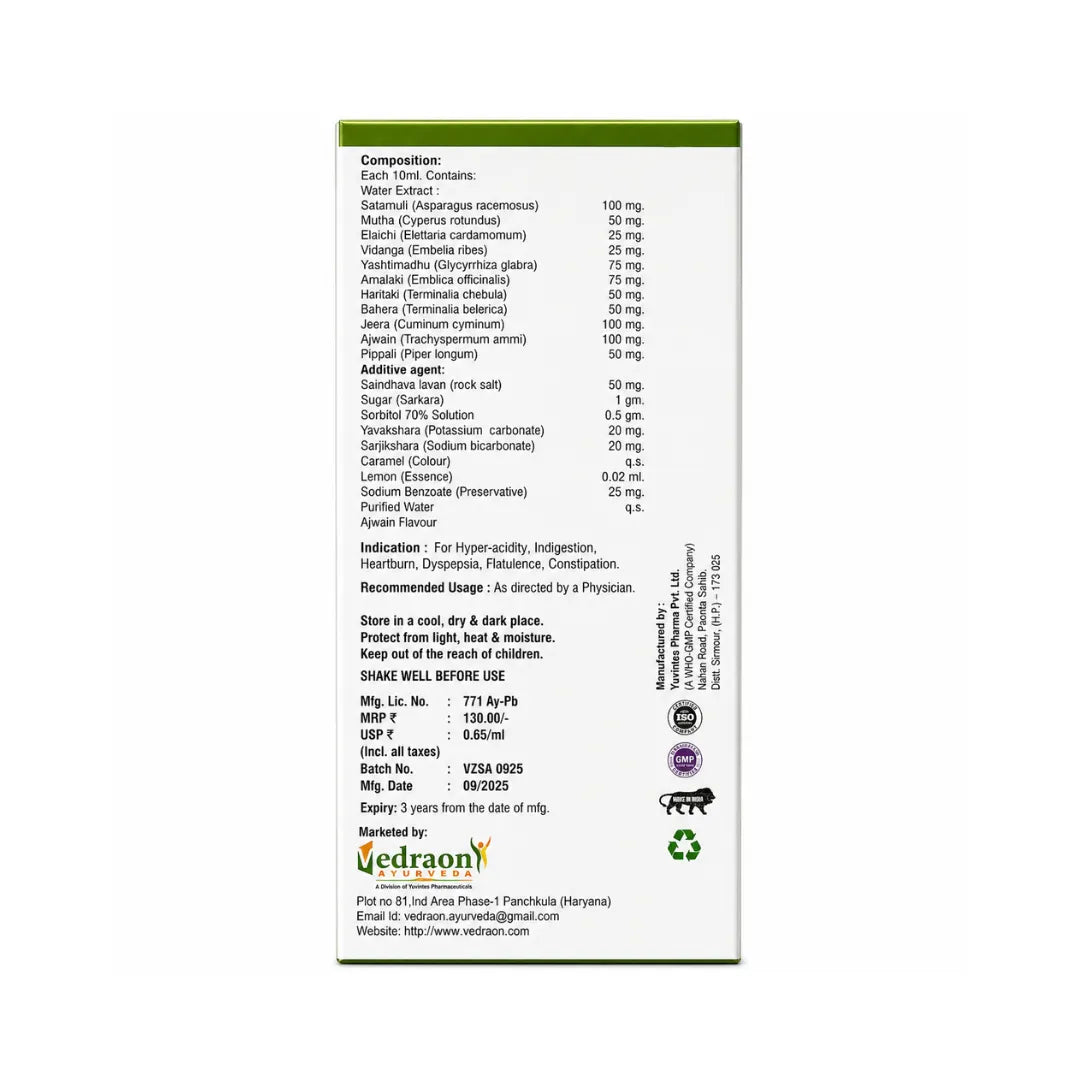 Back label of a Vedraon product with ingredient list and branding.