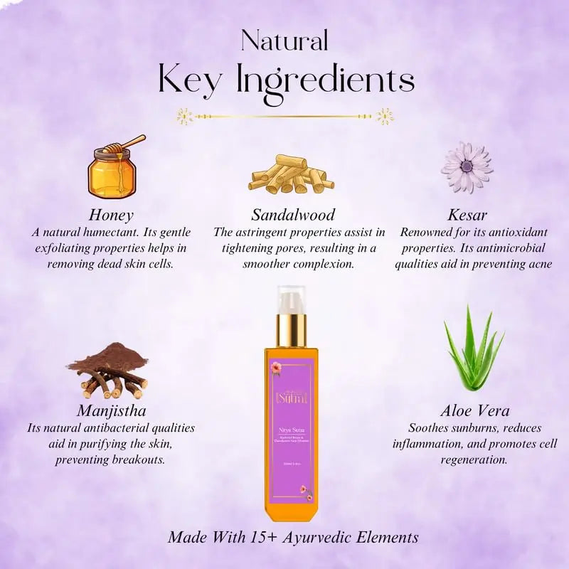 Product packaging with natural key ingredients on a purple background