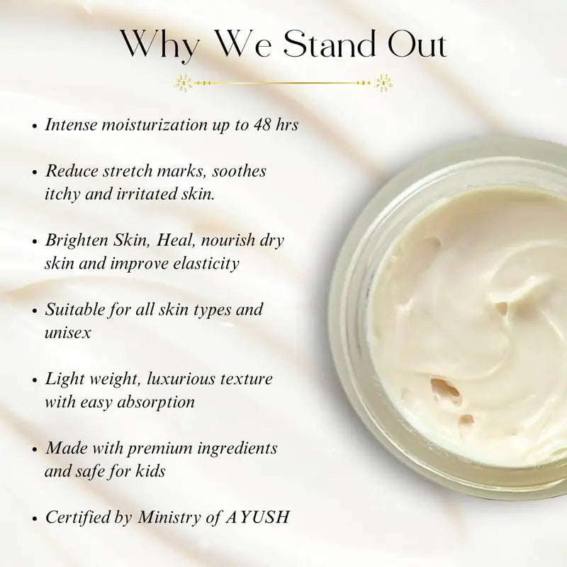 Skincare product with text highlighting its benefits on a light background