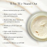 Skincare product with text highlighting its benefits on a light background
