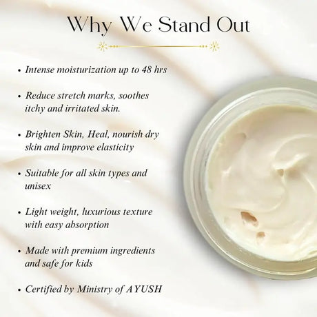 Skincare product with text highlighting its benefits on a light background