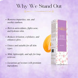 Product packaging with text highlighting features on a purple background