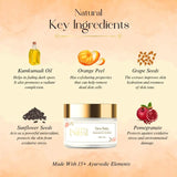 Cosmetic product with natural key ingredients listed on a gradient background