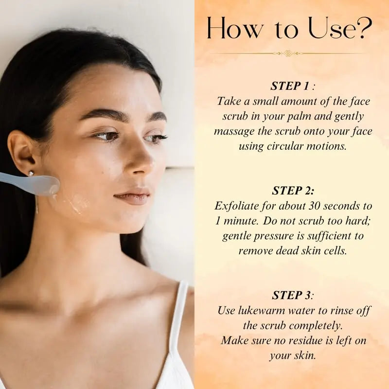 Woman applying face scrub with text instructions on how to use it.