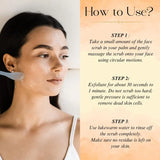 Woman applying face scrub with text instructions on how to use it.