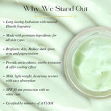 Skincare product with text highlighting its benefits on a light background
