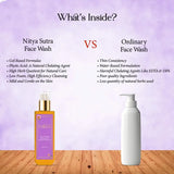 Comparison between Nitya Sutra Face Wash and Ordinary Face Wash on a wooden surface with a purple background.