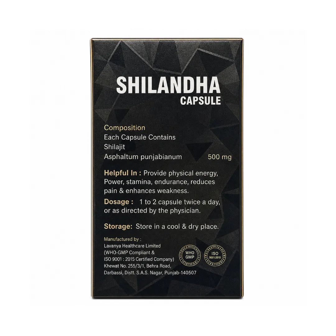 Shilandha capsule packaging with black background and white text