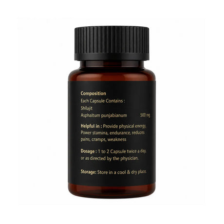 Brown supplement bottle with black label on a white background