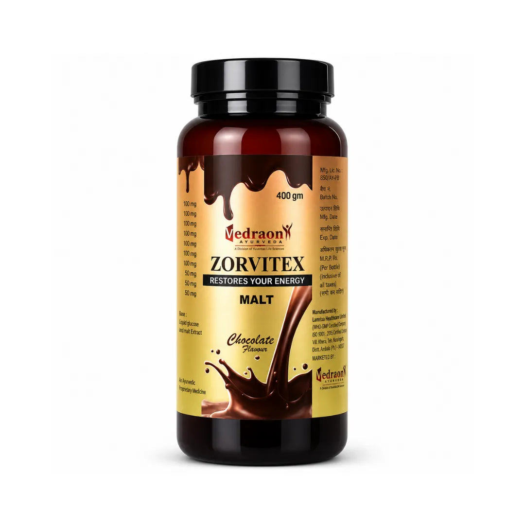 Bottle of Zorvitex Malt supplement with chocolate flavor on a white background