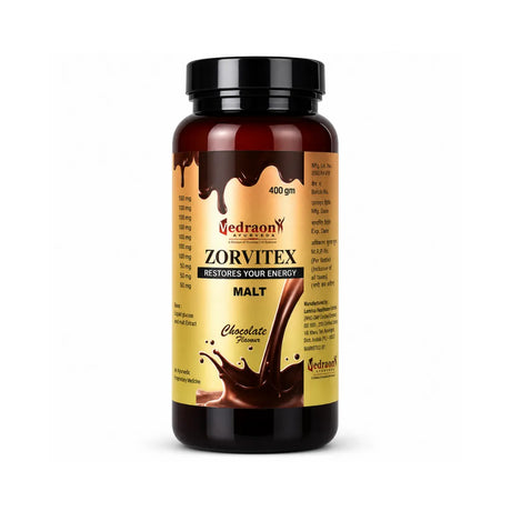 Bottle of Zorvitex Malt supplement with chocolate flavor on a white background