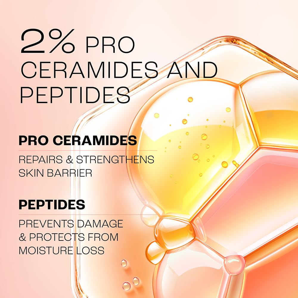 Advertisement for skincare product with molecular structure and text about pro ceramides and peptides.