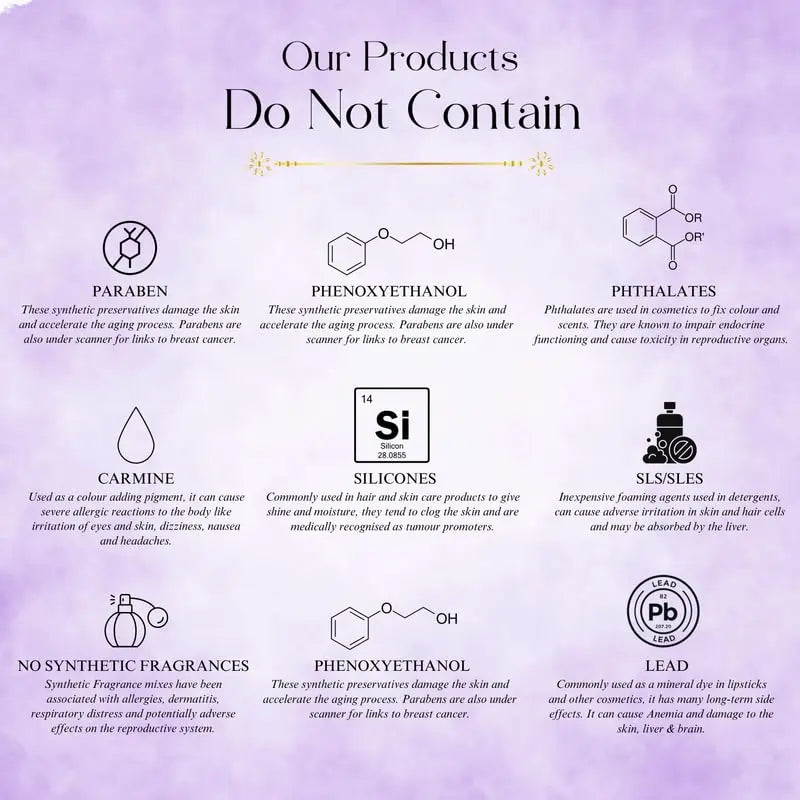 List of ingredients not contained in products on a purple background