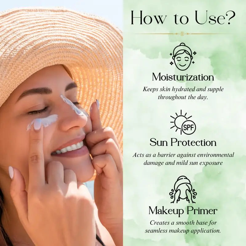 Woman applying cream to her face with text on sun protection and moisturization.