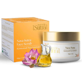 Nava Sutra skincare product set with jar, box, and oil bottle on a white background