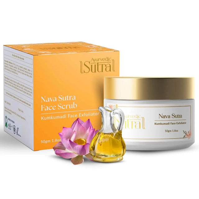 Nava Sutra skincare product set with jar, box, and oil bottle on a white background