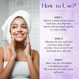 Woman applying face wash with a towel on head, next to step-by-step guide on using face wash.