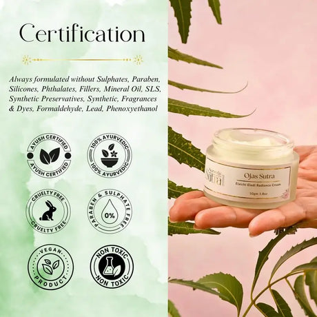 Ojas Sutra cream jar with certification icons on a green and pink leafy background