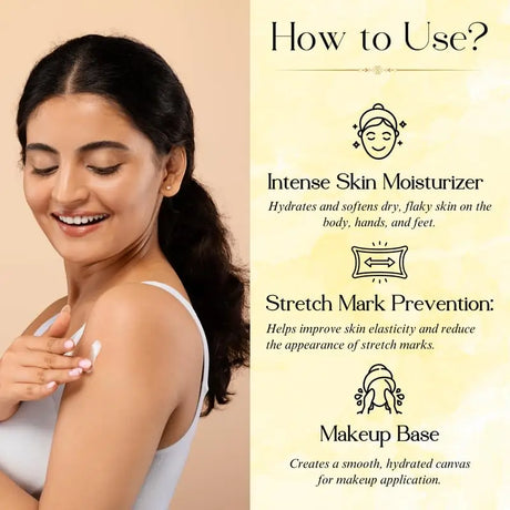 Woman applying skincare product with text on how to use intense skin moisturizer, stretch mark prevention, and makeup base.